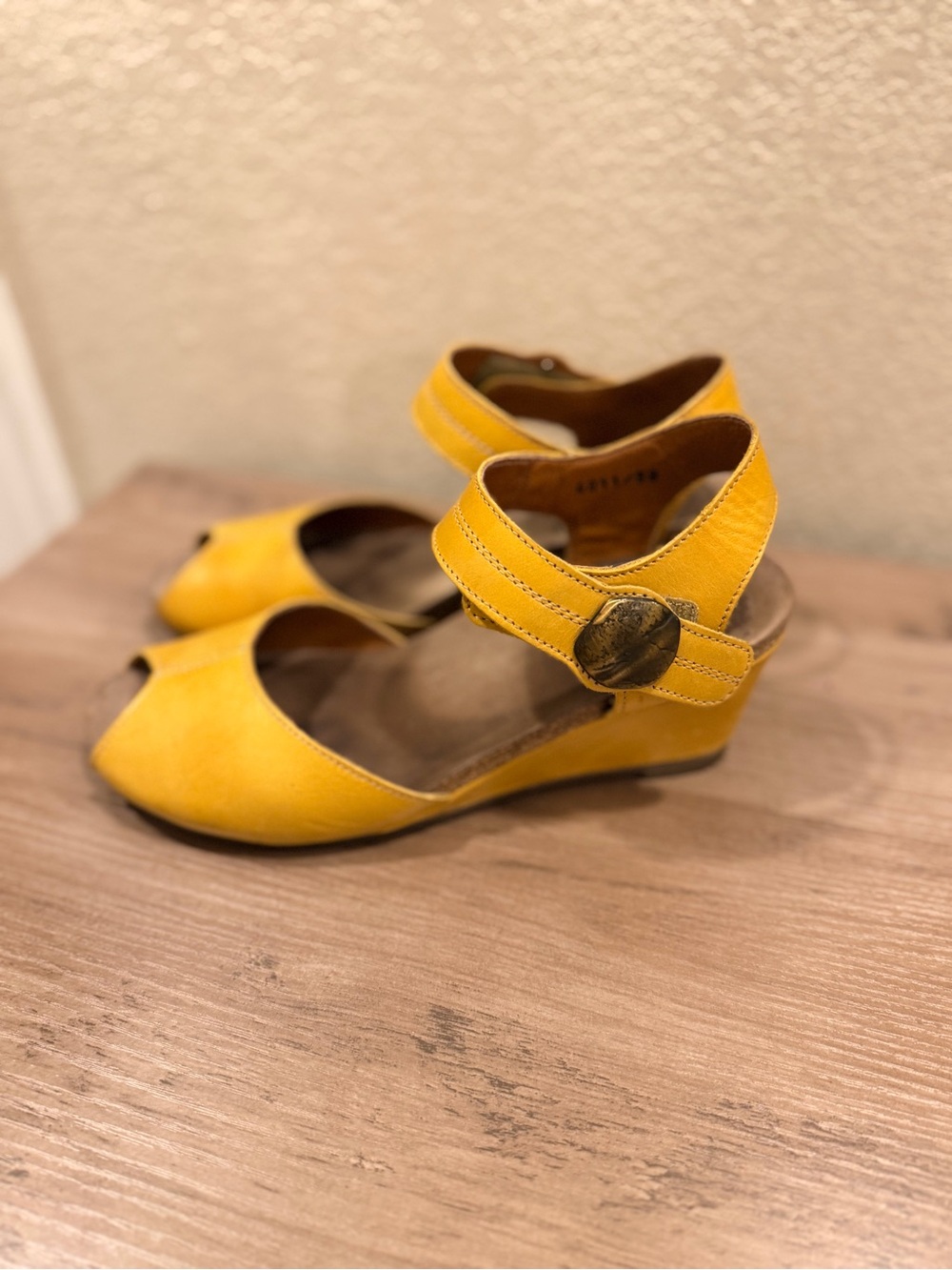 Women's Taos Promise Leather Strap Buckle Wedge Sandal in Yellow Size 38